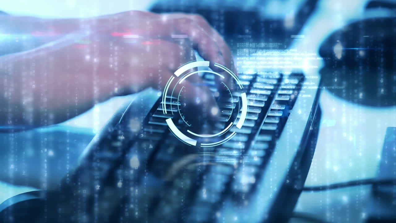 animación del escaneo del alcance con procesamiento de datos sobre la persona que escribe en el teclado de la computadora