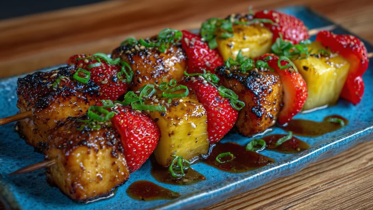 Gegrilde Fruitsatés met Geglaceerde Ananas, Aardbeien en Zoete Kruidensaus: Een Kleurrijke en Heerlijke Culinaire Verwennerij