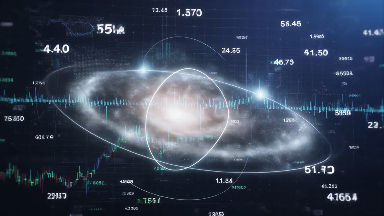 Futuristic Digital Data and Graphs Overlaying a Galaxy