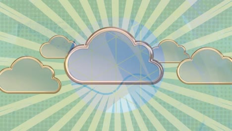 animación digital de múltiples iconos de nubes contra un fondo radial azul