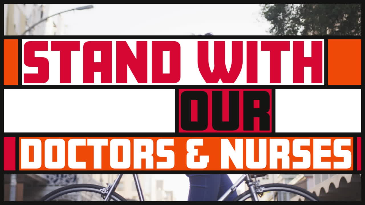 아시아 여성이 얼굴 마스크를 쓰고 거리에서  ⁇ 고 있는 배너에 있는 텍스트의 애니메이션