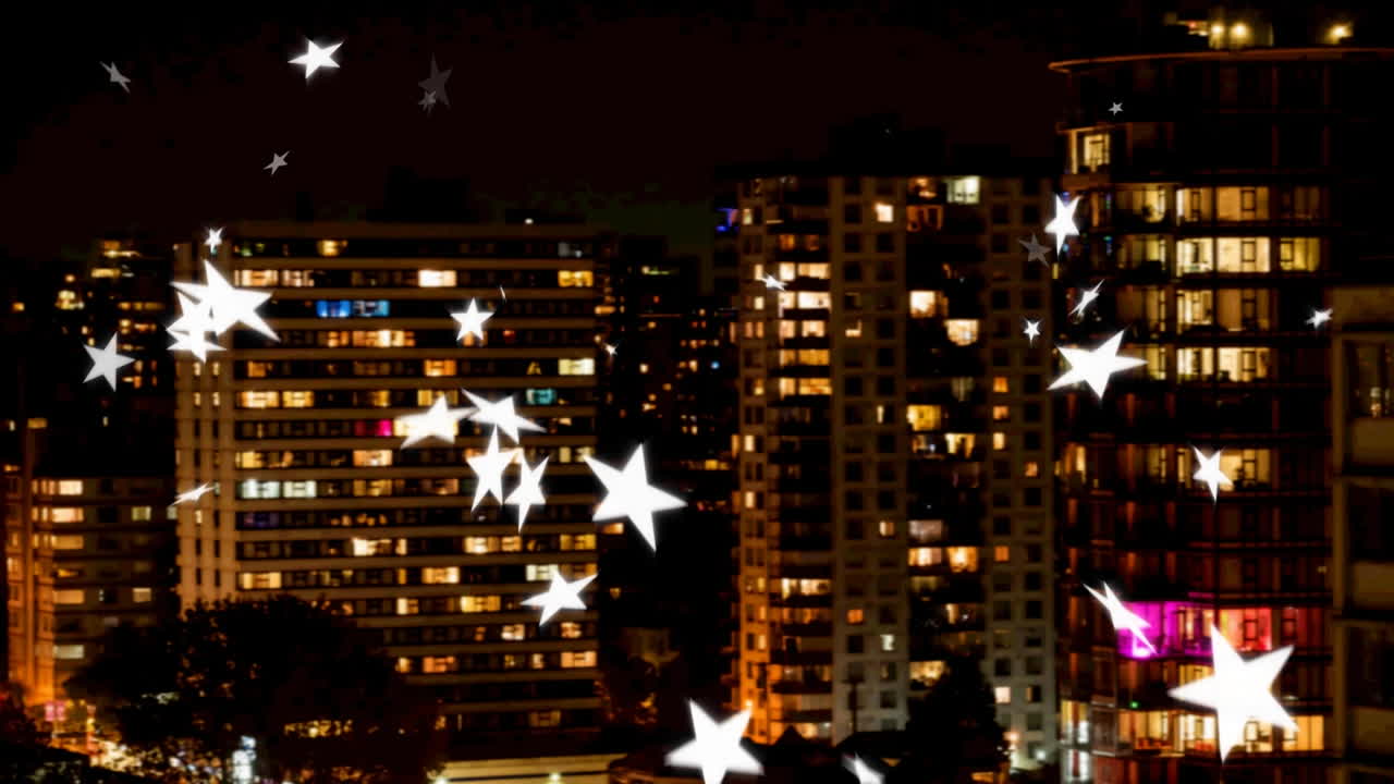animación de estrellas cadentes sobre el paisaje urbano nocturno