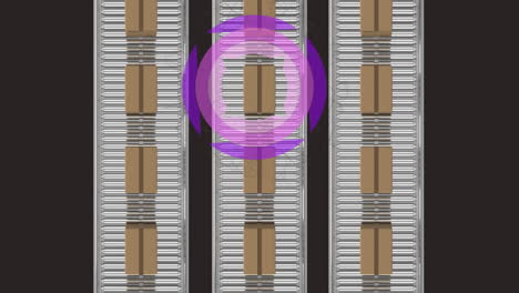 animation of purple security lock over conveyor belts with boxes