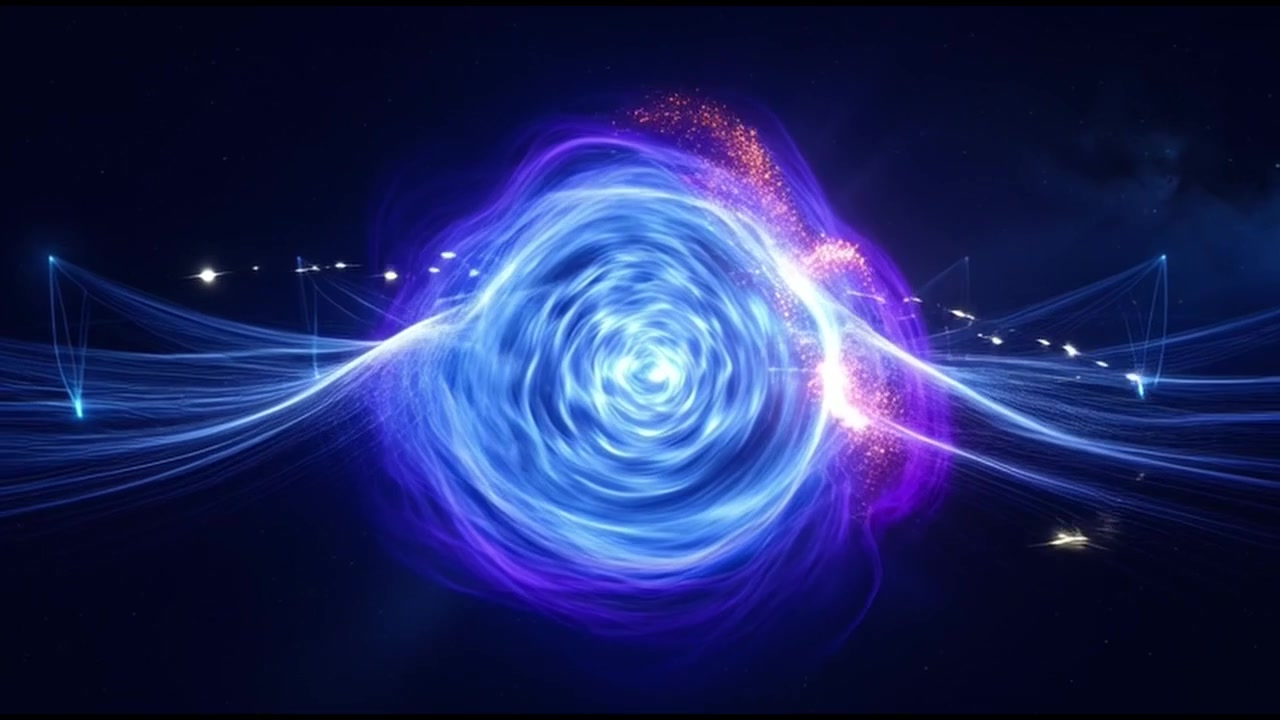 Abstract Digital Wormhole with Glowing Blue Energy Particles