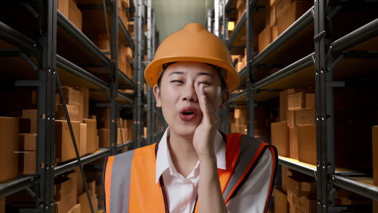 창고 노동자가 의사소통을 하고 있습니다.