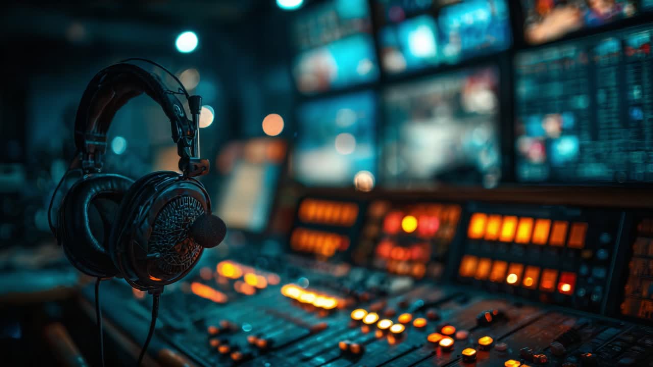 A detailed view of a modern audio control room featuring a high-quality headset and an array of illuminated buttons, screens displaying vital information, setting the mood for creativity