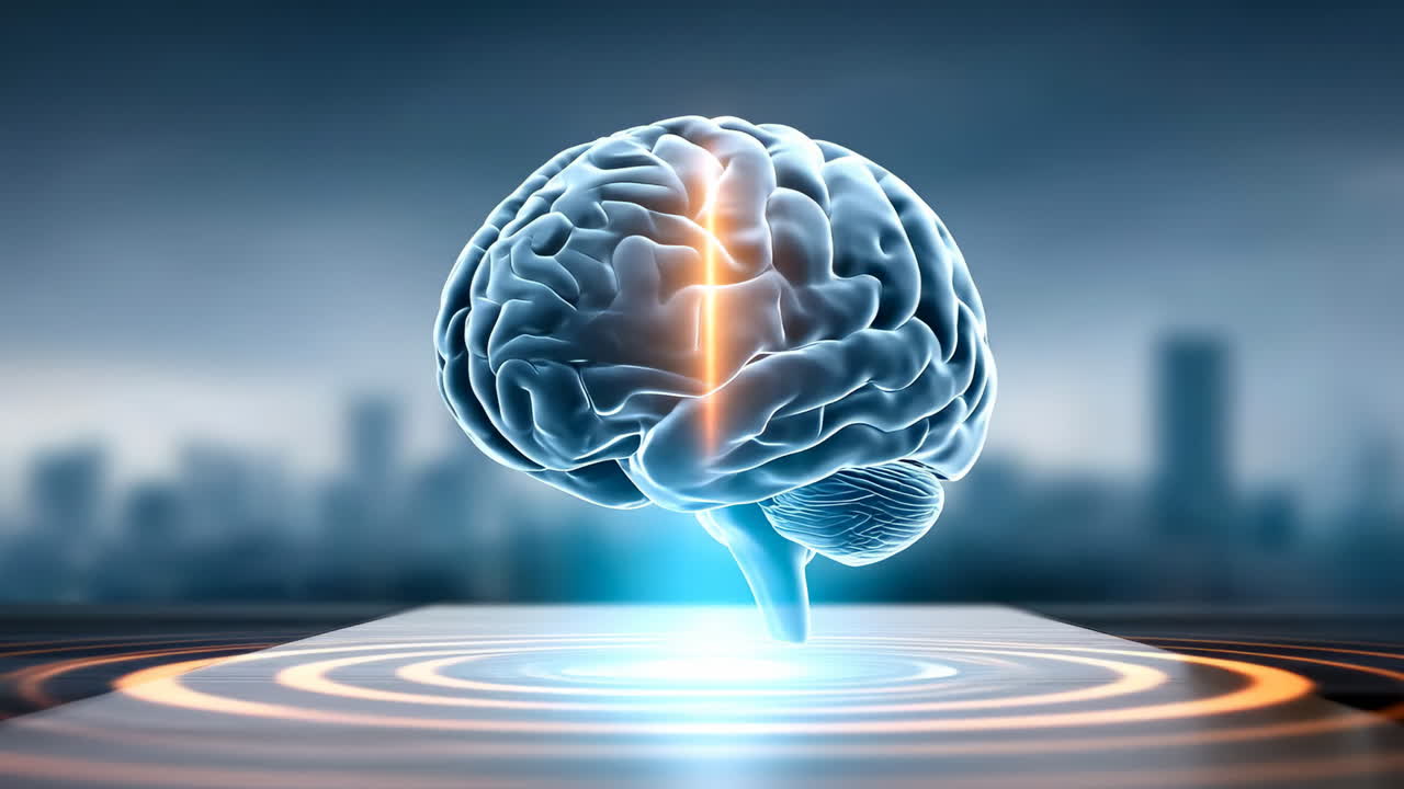 Digital brain over skyline. A glowing brain appears over a futuristic backdrop, highlighting themes of technology and intelligence