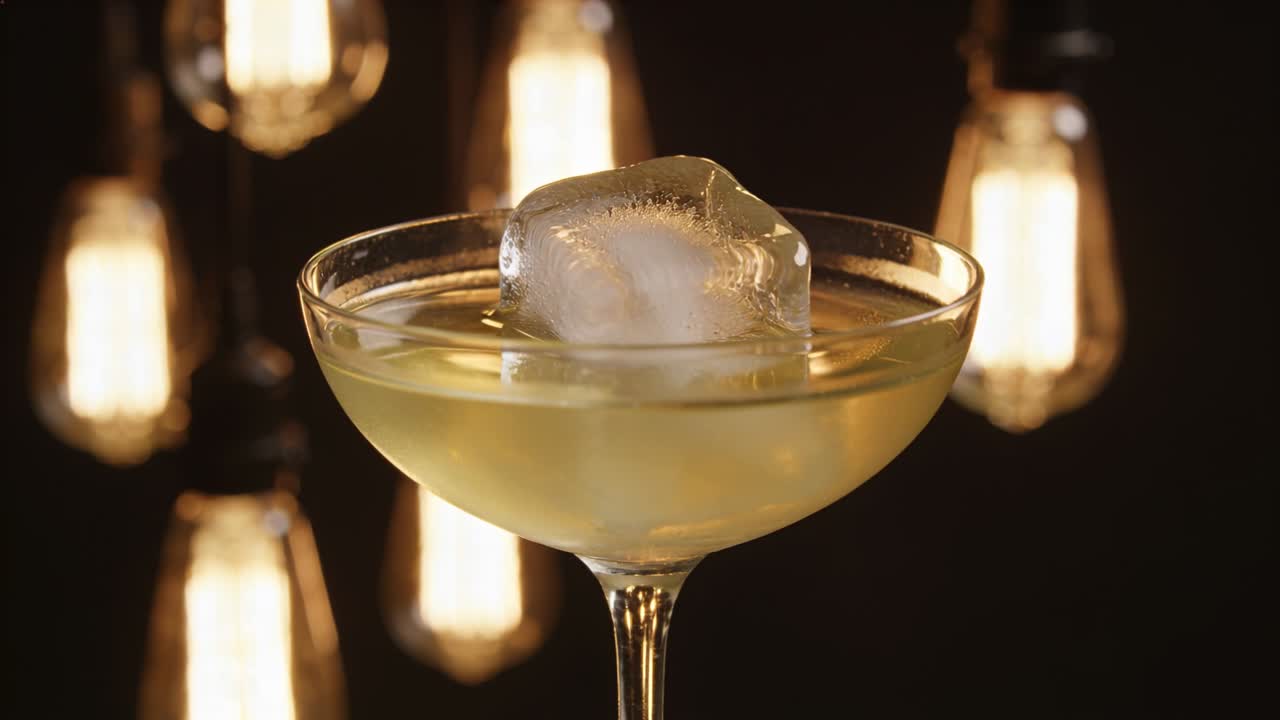 Vibrazione che fa ruotare un cubetto di ghiaccio in un cocktail giallo pallido in un bicchiere coupé su un set da bar, riflettendo le lampadine.
