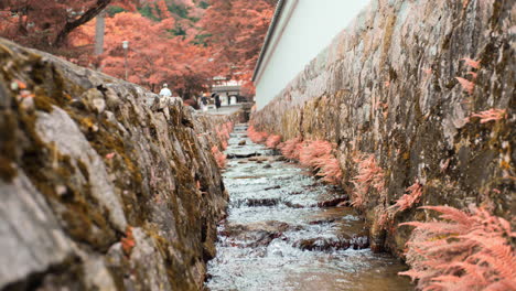 Small-river-flowing-next-to-a-wall-surrounding-a-temple-in-Kyoto,-Japan-soft-lighting