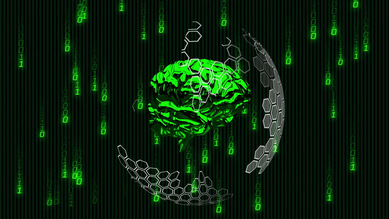 cerebro verde y patrones hexagonales con animación de código binario en fondo oscuro