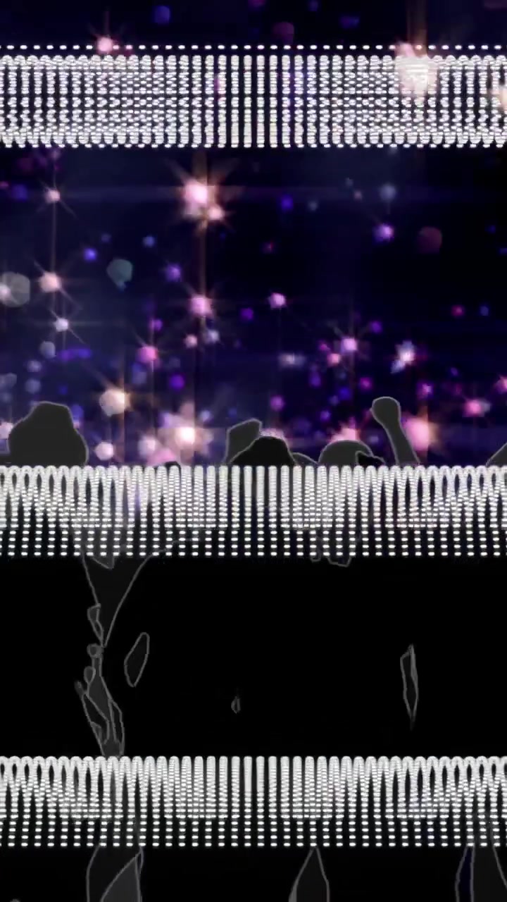 Video verticale: Flash LED iniziale, fasce LED e folla scura che pulsa e si muove per un'atmosfera dal vivo.