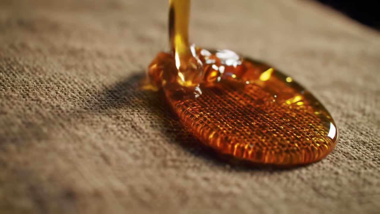 Captivating Close-Up of Honey Dripping onto Textured Surface: A Glimpse into the Richness and Golden Hue of Nature's Sweetest Treasure
