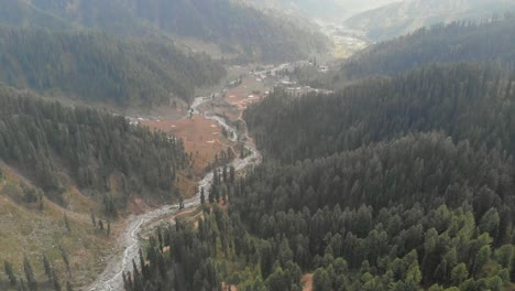 aerial view of forest trees in valley with swat river running through