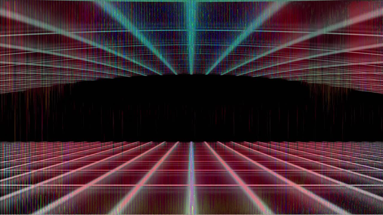 Griglia glitch in stile synthwave con texture di rumore digitale retrò