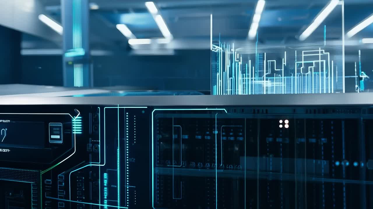 A futuristic data center with glowing blue server racks and cables