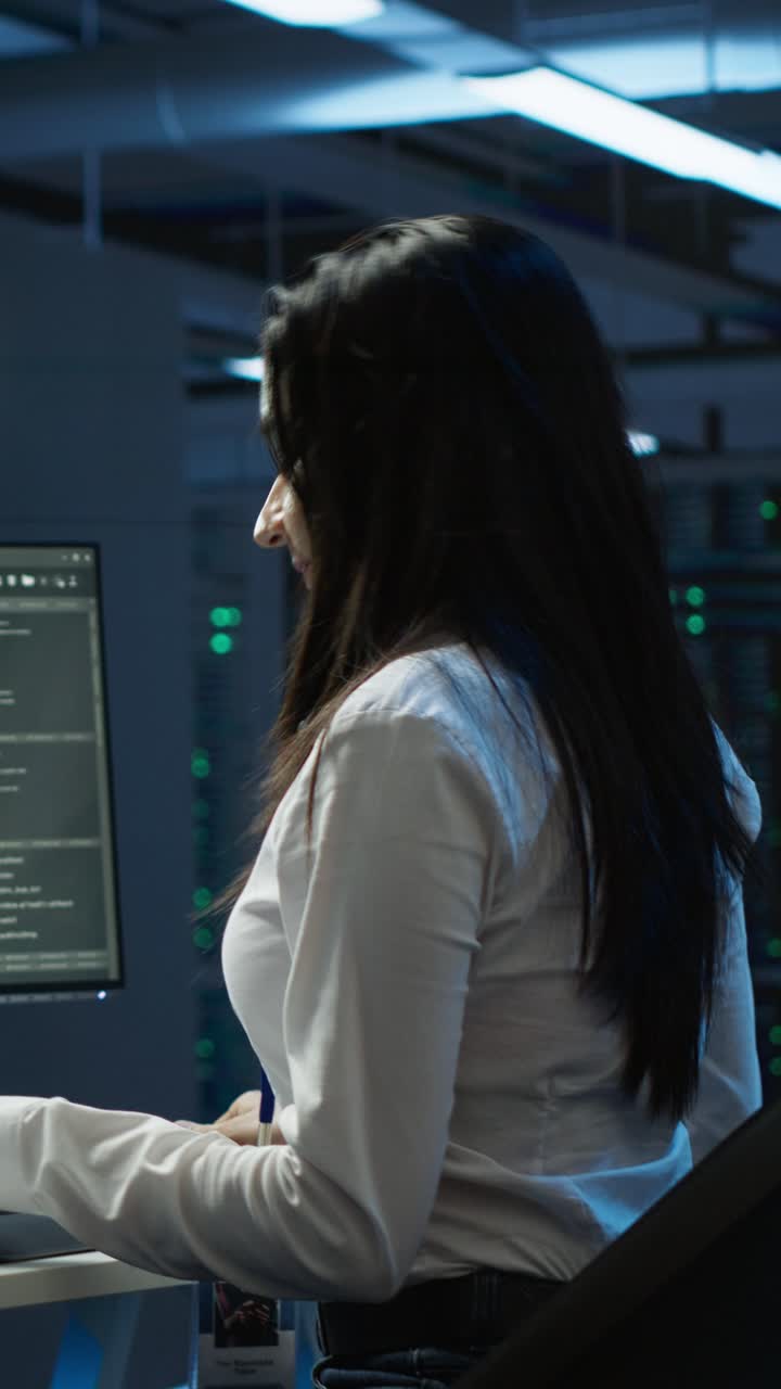 Programmatrice che codifica al computer in un data center