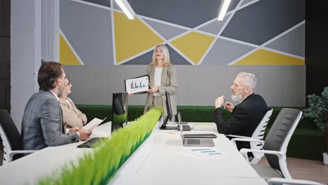 mature woman financial manager giving presentation to colleagues during meeting, showing charts, tracking shot