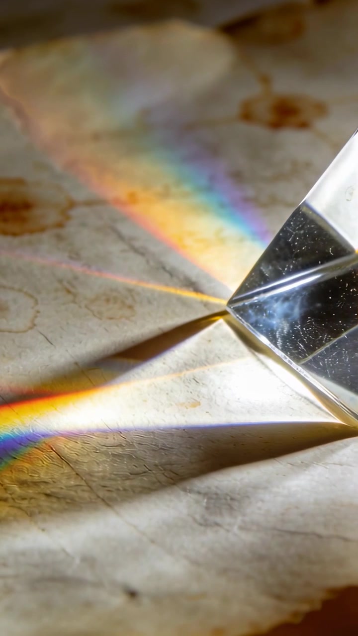 Video verticale: Un raggio colpisce un prisma trasparente proiettando bande arcobaleno che si muovono sul marmo, con spazio per il testo.