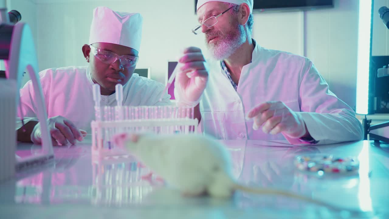 Scientists Conduct Experiment with White Rat and Test Tubes in Laboratory