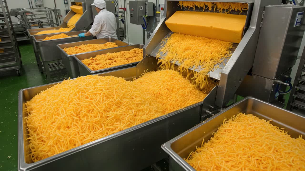 Impressive Production of Grated Cheese in a Processing Facility: A Visual Journey from Preparation to Abundant Output