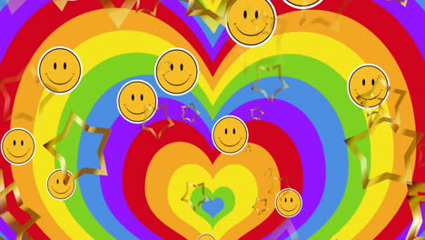 animation of pride lgbtq, smiley faces and stars falling over rainbow heart background