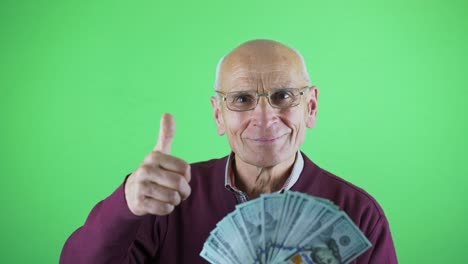 persona mayor feliz con gafas que muestra a un fan de nosotros dólares con una sonrisa
