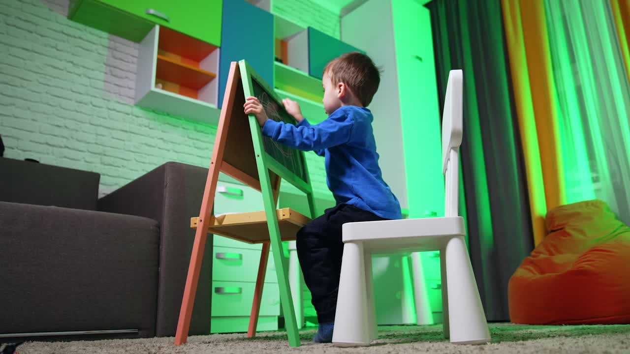 Small kid sits down on the chair in front of the blackboard. Low angle view at the toddler drawing with chalk and cleaning the picture.