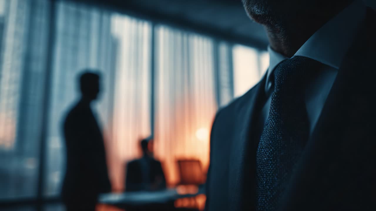 Un incontro intrigante in un ufficio elegante: un uomo d'affari senior interagisce con i colleghi sullo sfondo di un tramonto mozzafiato, enfatizzando le dinamiche professionali e la tensione