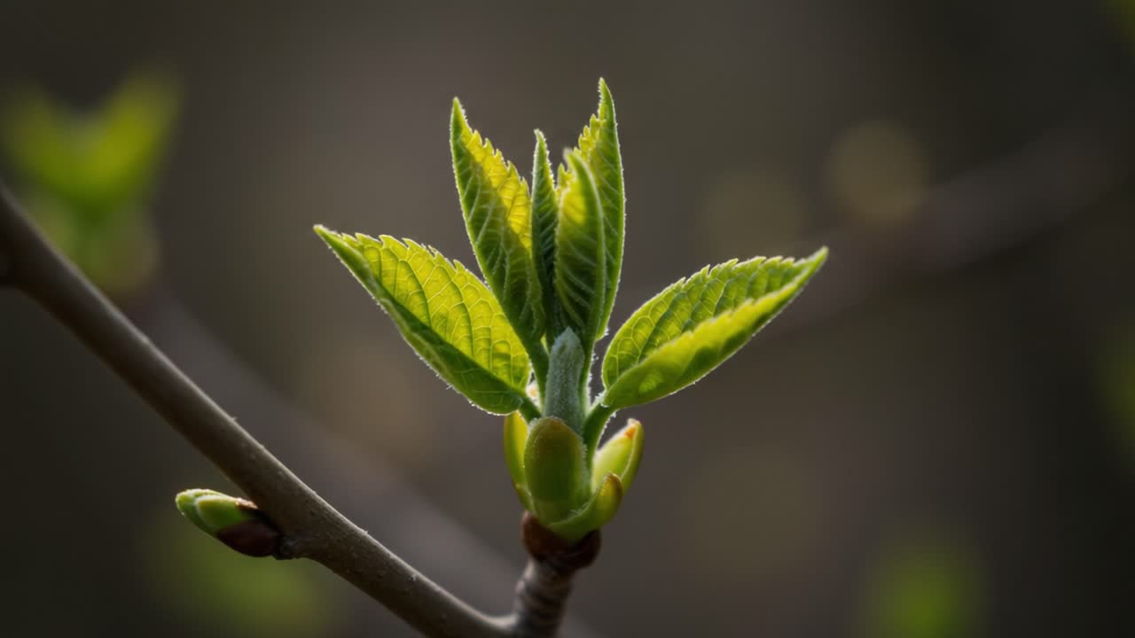 Vibrant Green Budding Leaves on a Branch Showcasing the Beauty of Nature's Renewal and Growth in a Softly Lit Environment