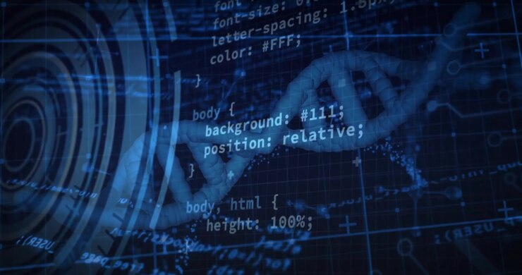 Grid showing DNA helix emerging, drifting to center, code scrolling HUD pulsing for data view