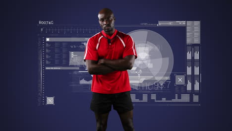 animation of african american male rugby player over digital data processing on screen