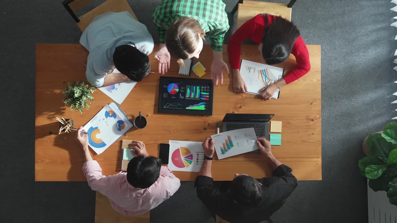 Top down view of smart business woman explain and present chart. Convocation.