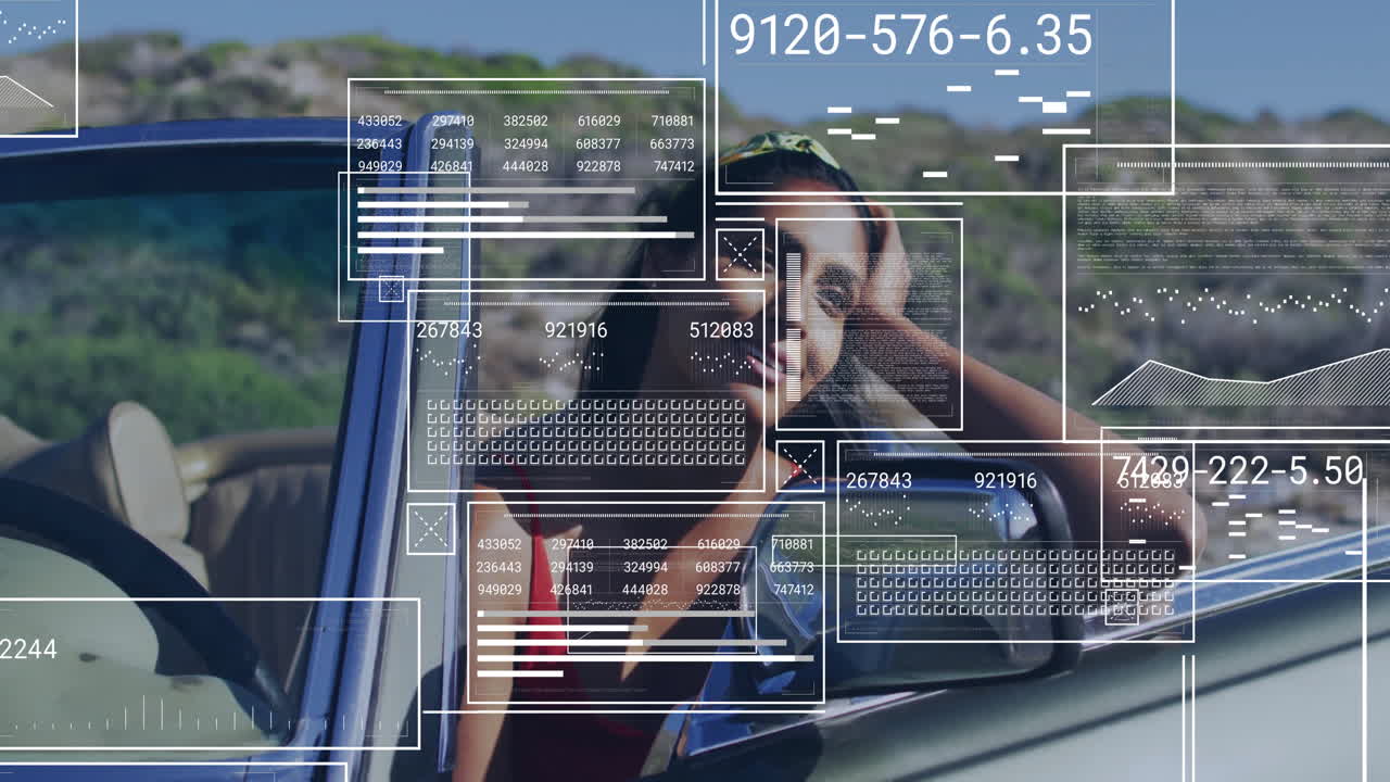 woman leaning head on hand via open car window smiling with futuristic overlay displaying tech data