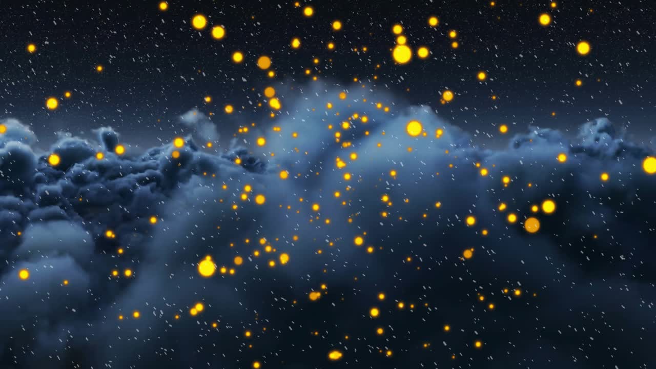 Glowing yellow particles emerging above clouds drifting inward as rolling clouds creating 3D flow