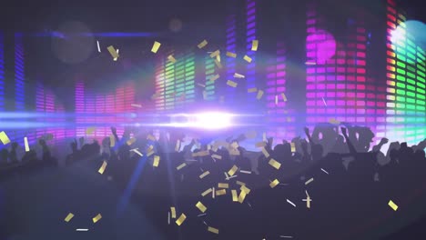 Animation-of-gold-confetti-falling-over-dancing-crowd-with-colourful-flashing-lights