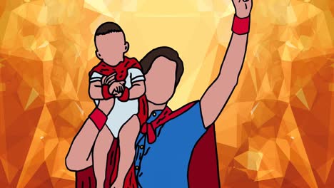 Animation-of-illustration-of-father-playing-with-son,-wearing-homemade-superhero-costumes,-on-orange