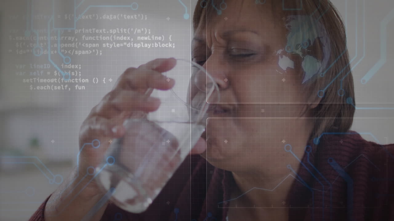 Mature woman drinking water indoors with technology digital overlay showing circuit and world map