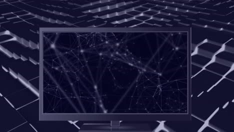 animación de la red de conexiones en la pantalla de la computadora sobre formas en movimiento