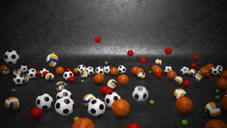 A-lot-of-different-sports-balls-falling-down-and-rolling-towards-the-camera.-Traditional-look-alike-balls-bounce-including-collisions-and-go-to-the-similar-direction-one-by-one-in-a-different-way.-HD