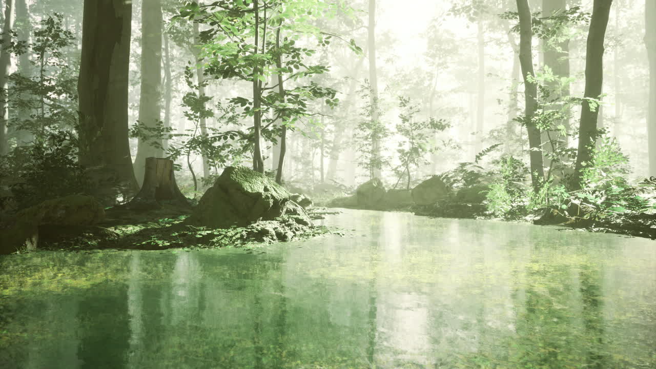 Lush forest landscape with a serene water body during daylight