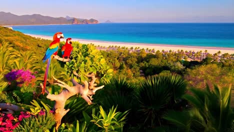 vibrant macaws overlooking a tropical white sand beach and turquoise ocean