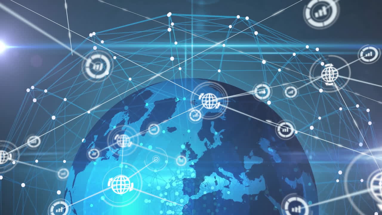 검은색 배경에 전 세계에 아이콘과 빛의 흔적을 가진 연결 네트워크의 애니메이션