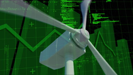 animación del procesamiento de datos con línea verde y estadísticas y turbina eólica