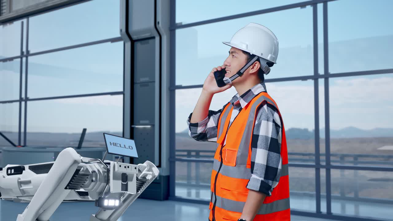 vista lateral de un ingeniero asiático con casco de seguridad hablando en su teléfono inteligente mientras está de pie en una fábrica de alta tecnología, analizando el concepto de máquina robótica