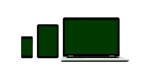 modern laptop, tablet and smartphone with green screen. animation on white background. green screen and alpha channel.