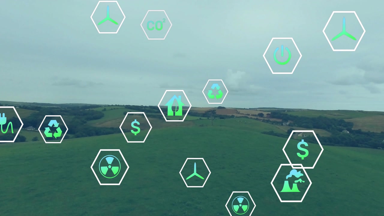 Vertical video: Aerial camera moving across field, hex icons drifting, grouping to show energy data