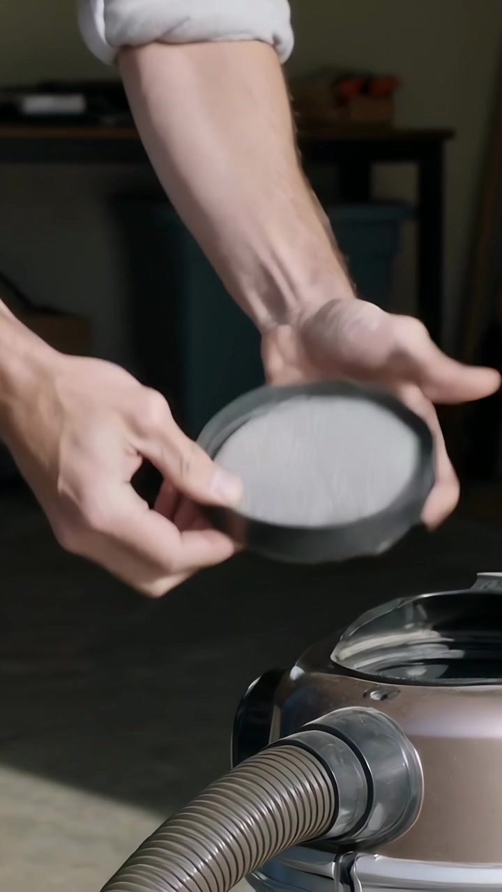Video verticale: Uomo con berretto e camicia di flanella che solleva un filtro dell'aspirapolvere in garage, battendo via la polvere per la manutenzione.