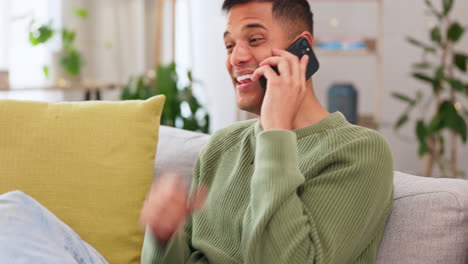 phone call, celebration and happy man in home