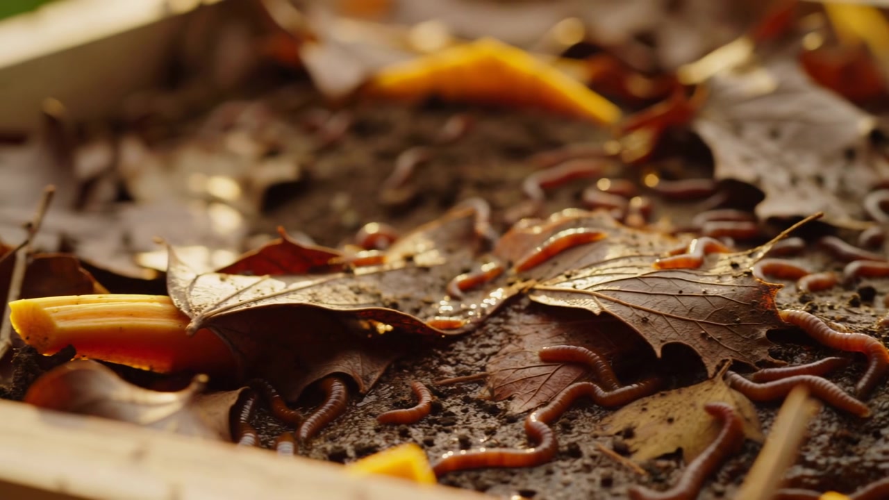 Numerosas minhocas avermelhadas movem-se sobre solo úmido e escuro sob folhas secas e marrons, serpenteando pela serapilheira enquanto a luz solar quente realça superfícies úmidas e detalhes finos do solo.