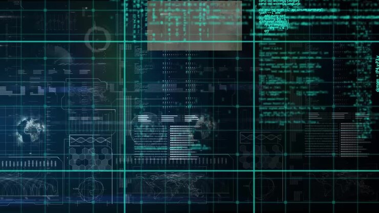 Animation of data processing over grid on dark background